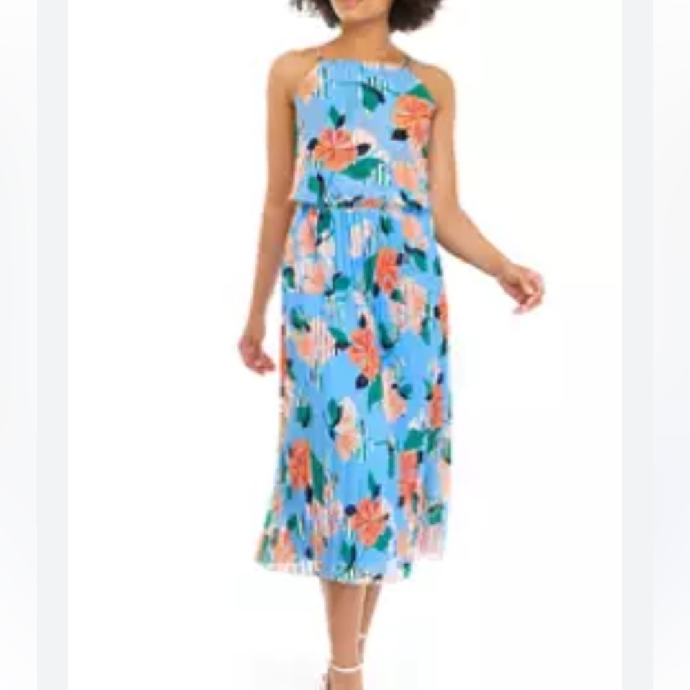 Sam Edelman Hibiscus Floral Pleated Maxi Dress Blue High Neck Halter NWT Size 4